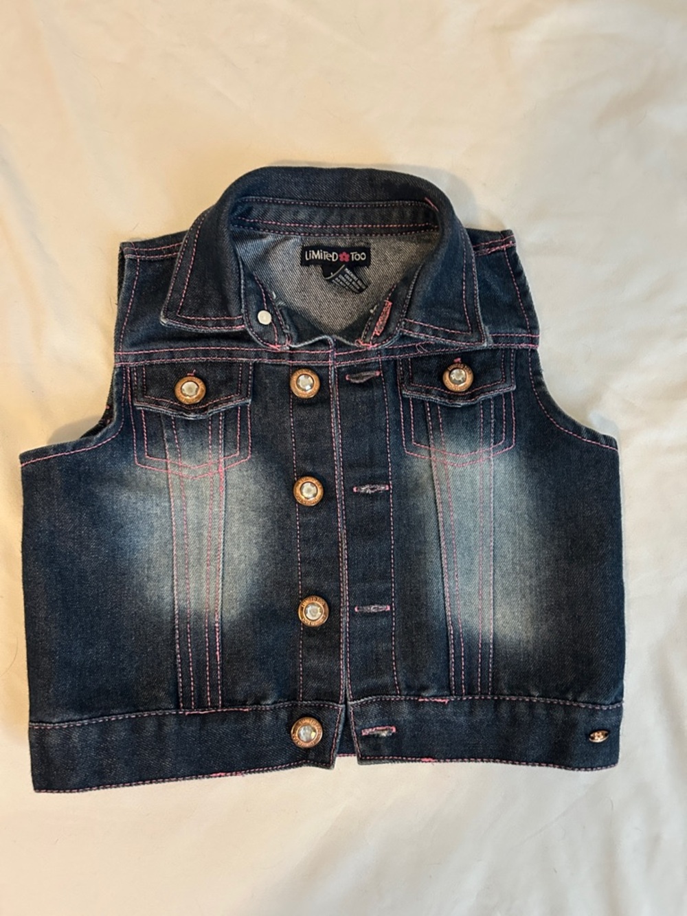 Limited Too Girls Dark Wash Denim Vest with Pink Topstitching Size 6